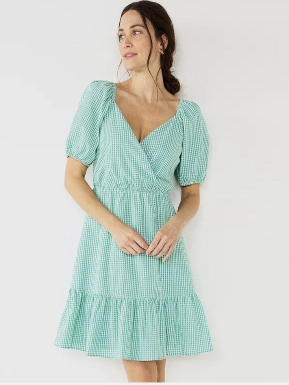 BNWT Draper James Puff-Sleeve Surplice Dress in green gingham